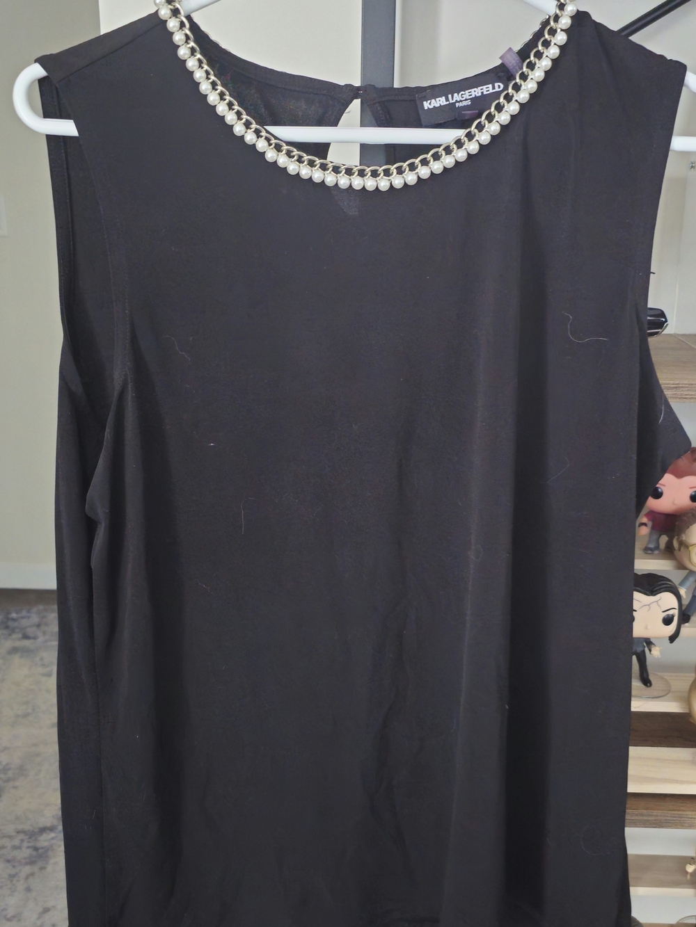 Karl Lagerfeld Black Sleeveless Top with Pearl Chain Neckline